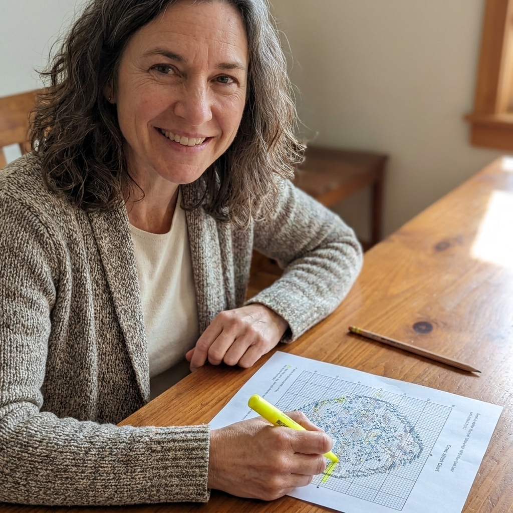 A printed cross stitch chart on white paper with a highlighter and a pencil on a wooden table