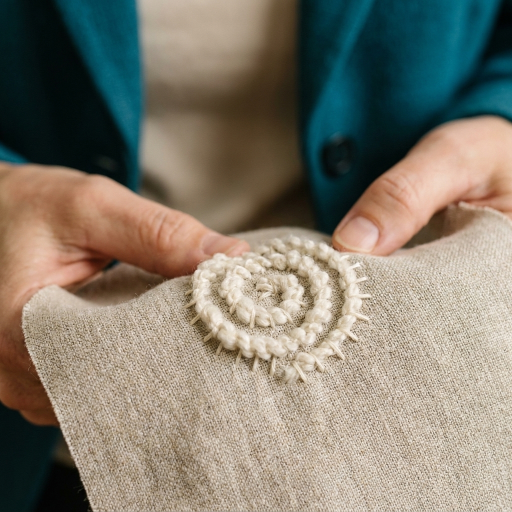 A real close-up photo of bouclé yarn couched onto fabric in a small spiral shape, held down by tiny matching stitches