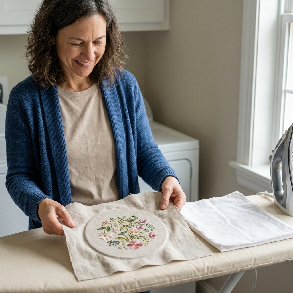 A real photo of a finished embroidery piece on light linen showing a faint hoop ring mark before washing, resting on an ironing board with a press cloth nearby