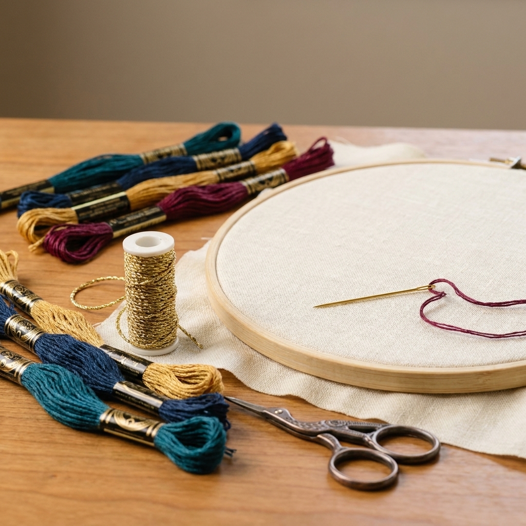 A real photo of couching supplies on a craft table including an embroidery hoop, small scissors, a crewel needle, metallic cord, and embroidery floss ready to stitch