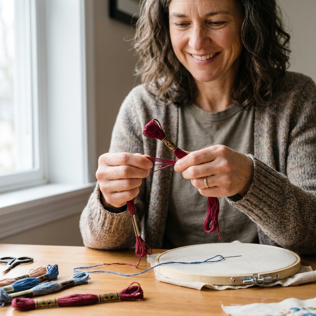 A real photo of embroidery floss being separated into individual strands by hand on a craft table with an embroidery needle and hoop nearby