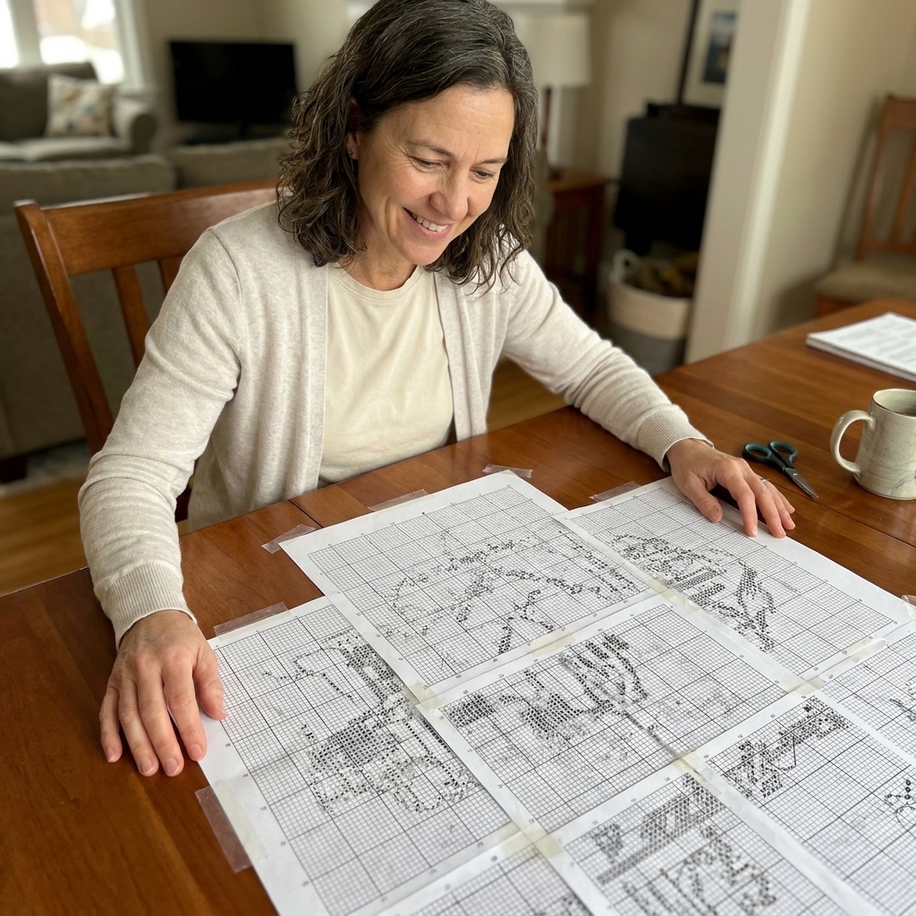 A real photo of multiple cross stitch pattern pages taped together on a tabletop, with the grid lines aligned