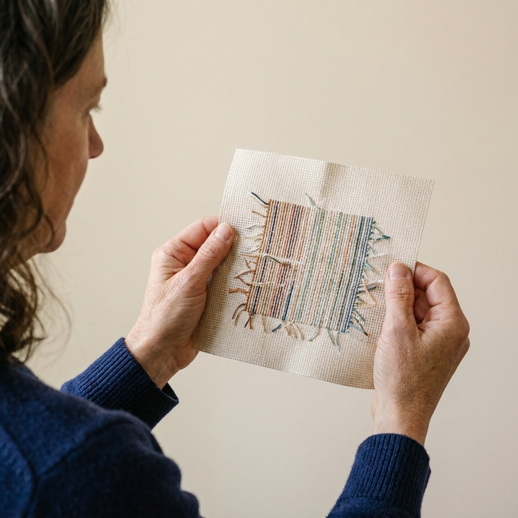 A real photo showing the back side of a small cross stitch piece with relatively tidy thread tails and minimal traveling threads on neutral Aida cloth