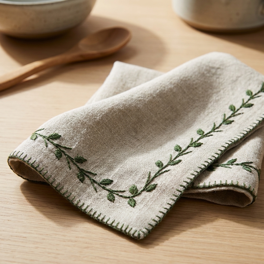 A real photograph of a folded linen napkin with a hand-embroidered border featuring a green feather stitch vine and small fly stitch leaves along the edge