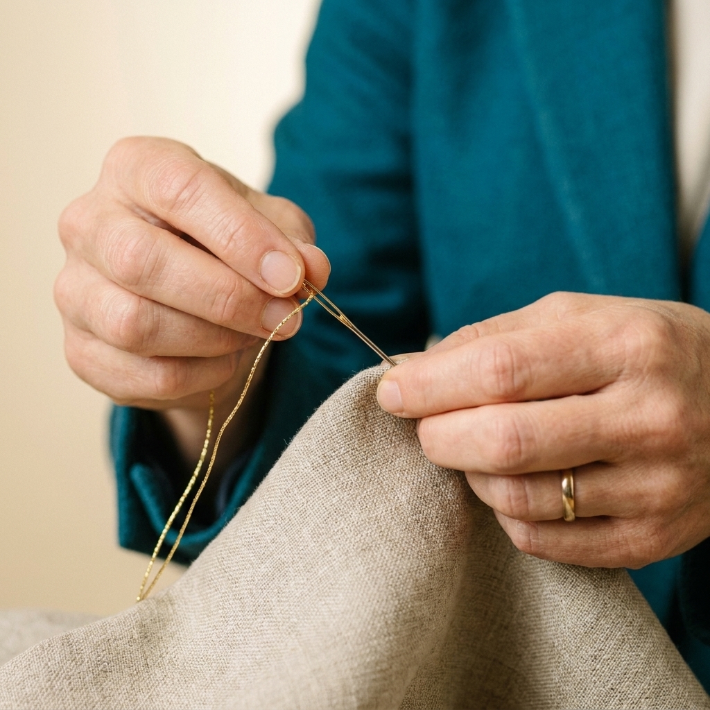 A real photograph of a hand threading a needle with metallic embroidery thread over a neutral fabric, showing the thread passing through a larger needle eye