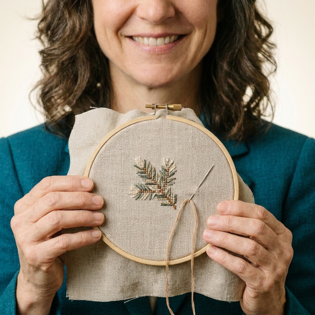 A real photograph of a hoop with natural linen fabric and a small cross stitch motif in muted colors, with a blunt tapestry needle threaded and resting on the fabric