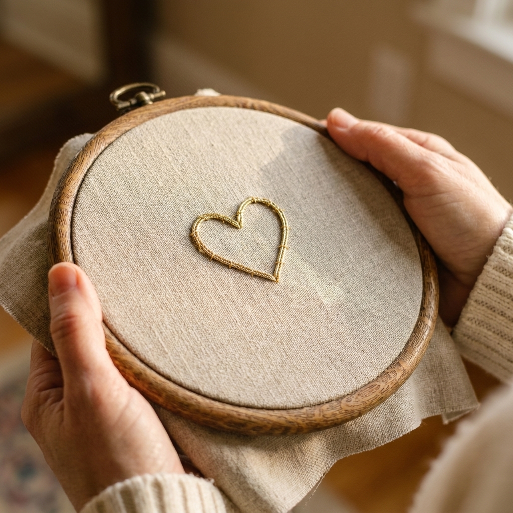 A real photograph of an embroidery hoop showing a small heart outline made with couched metallic cord on neutral fabric