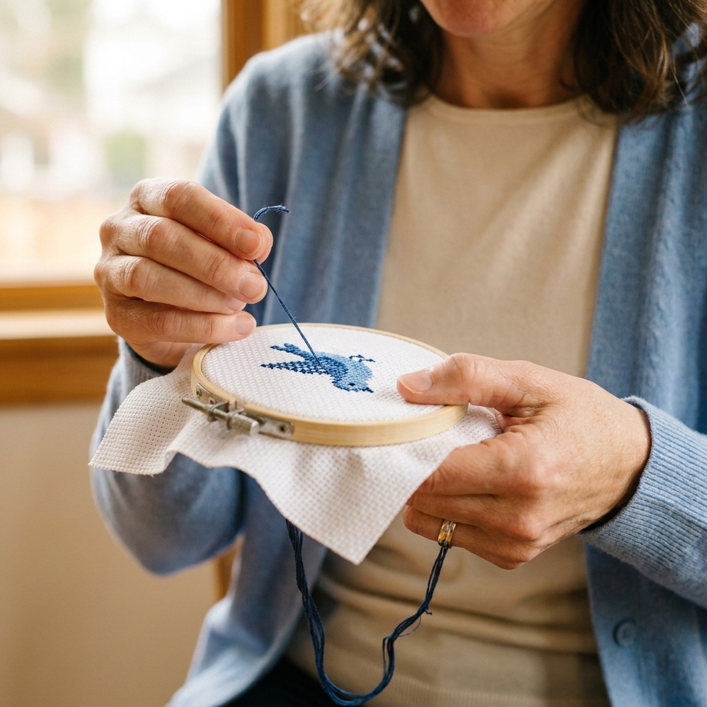 A real photograph of hands holding a small cross stitch hoop with white Aida fabric, showing neat X stitches forming a simple motif