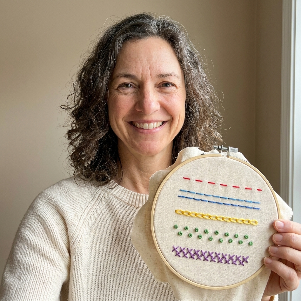 A simple beginner embroidery sampler on cotton fabric showing rows of basic stitches in different colors inside a 6-inch hoop