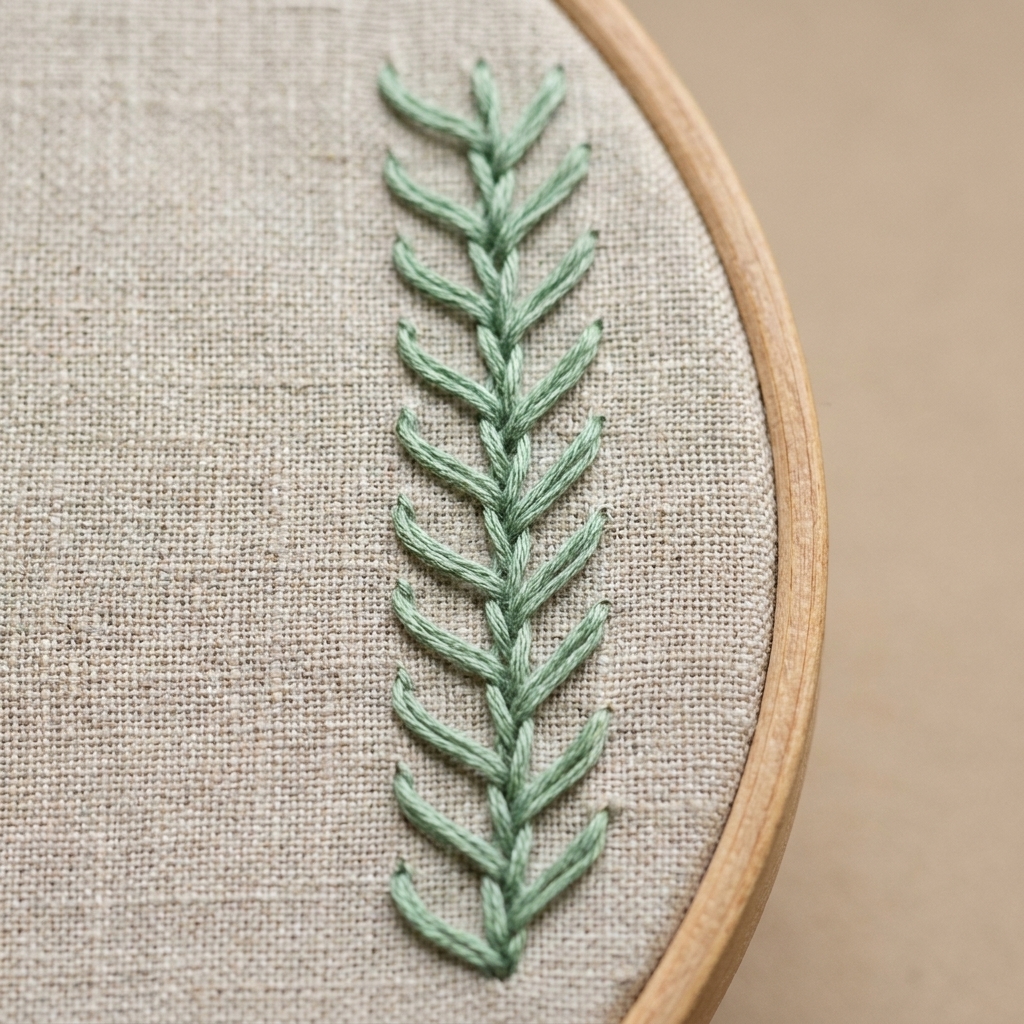A single embroidery hoop on natural linen showing a feather stitch border running vertically, with evenly spaced arms alternating left and right in soft green thread