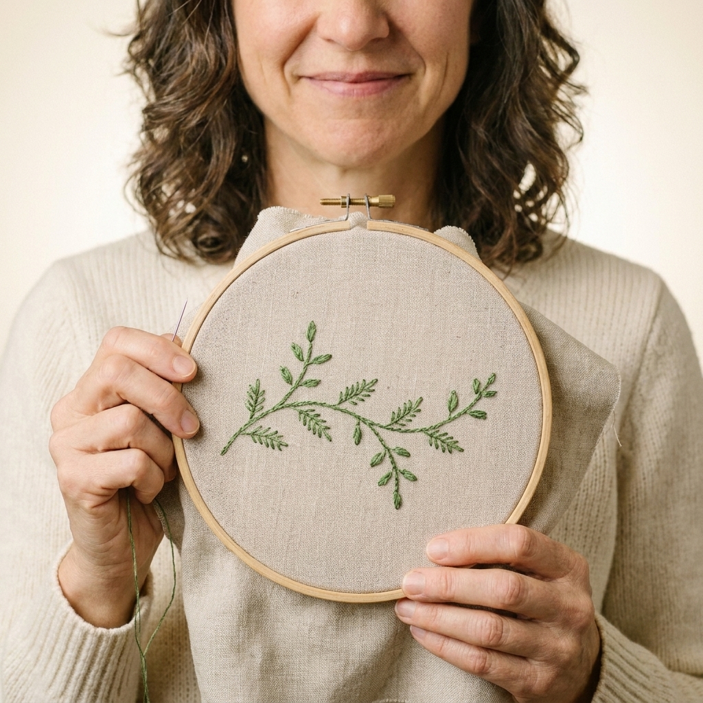 A single embroidery hoop showing a green feather stitch stem with multiple small fly stitch leaves branching off, creating a delicate botanical vine on neutral linen