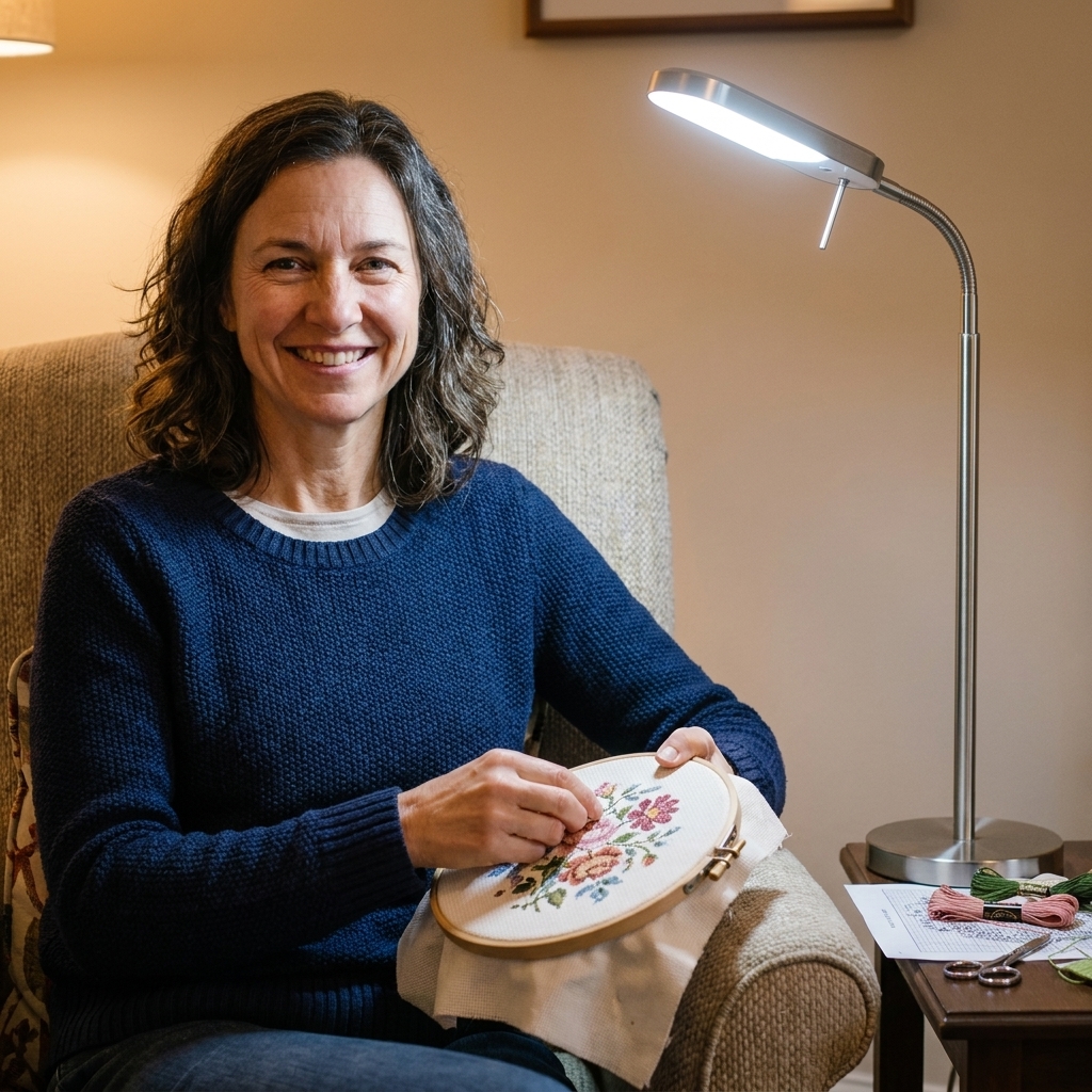 A slim daylight floor lamp with an adjustable head positioned next to a stitching chair with a cross stitch project in a hoop