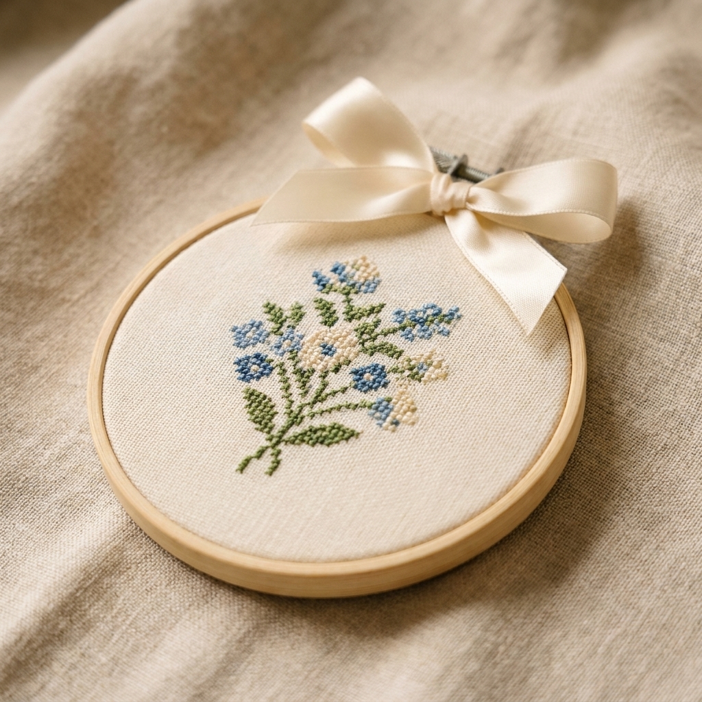 A small cross stitch floral sprig design in a light wood embroidery hoop with a soft ribbon tied at the top, sitting on a linen cloth
