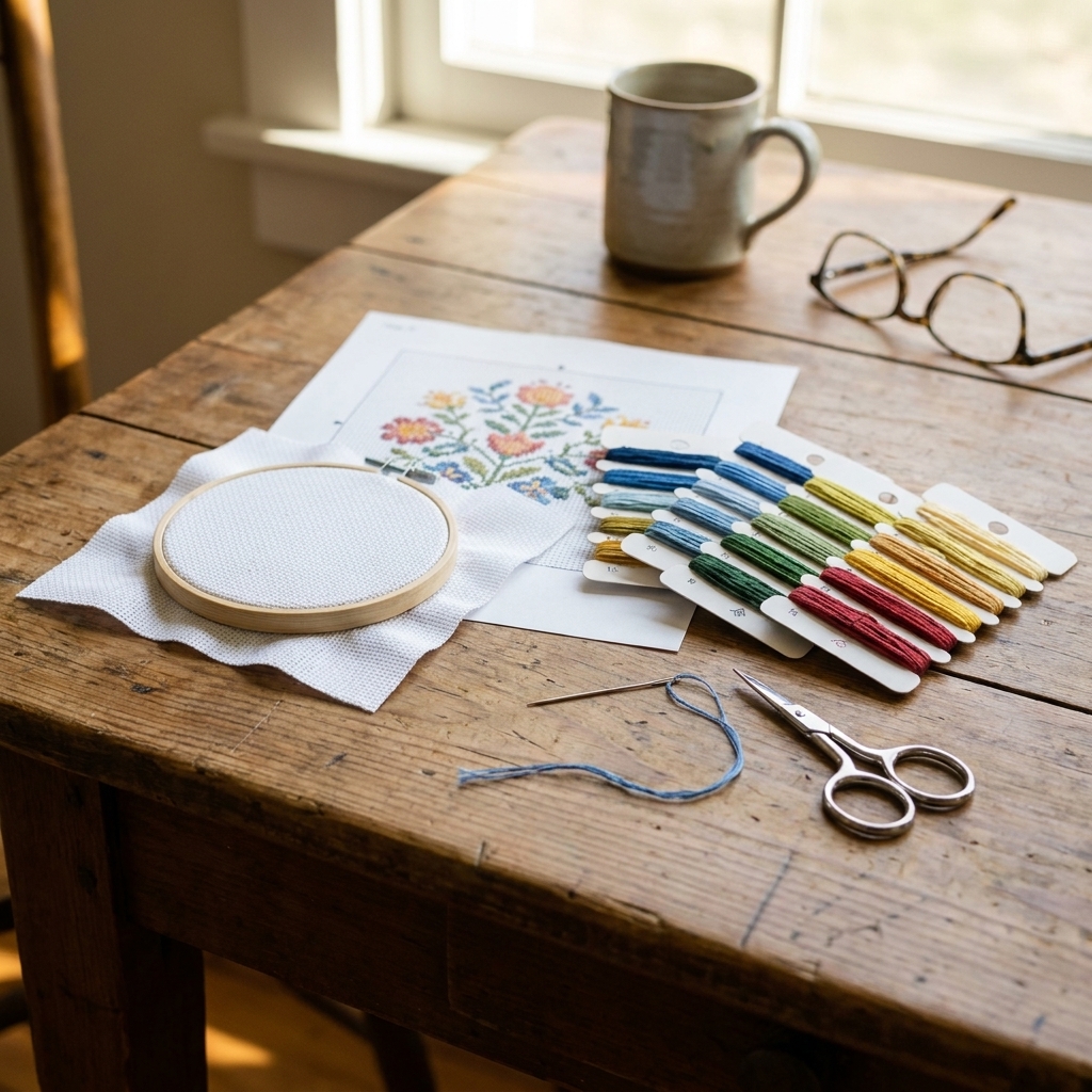 A small cross stitch kit laid out on a wooden table with Aida cloth, a printed pattern, sorted floss skeins, a tapestry needle, and small scissors