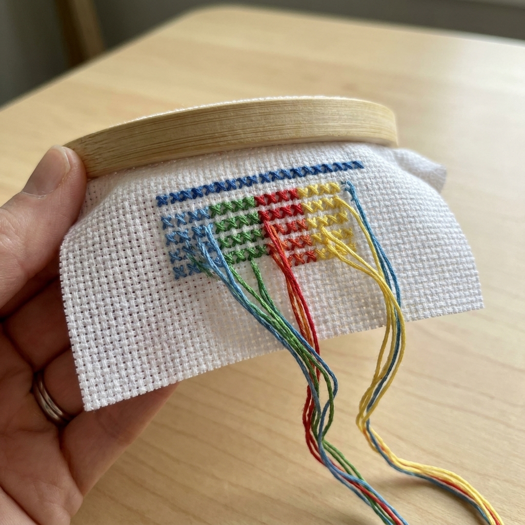 A small cross stitch swatch on white Aida fabric with several rows of colored stitches and loose floss tails