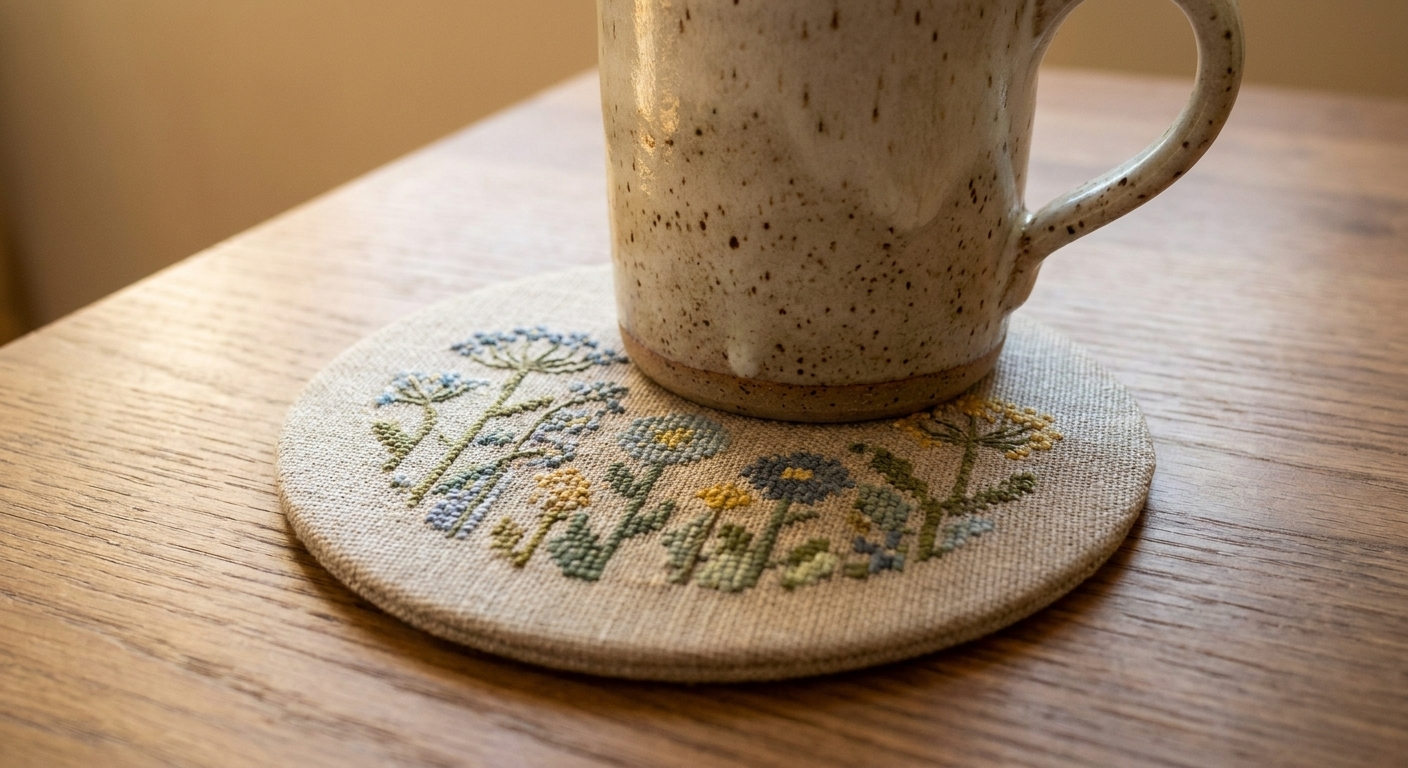 A small embroidered coaster on a table with a ceramic mug resting on top, showing neat stitched details