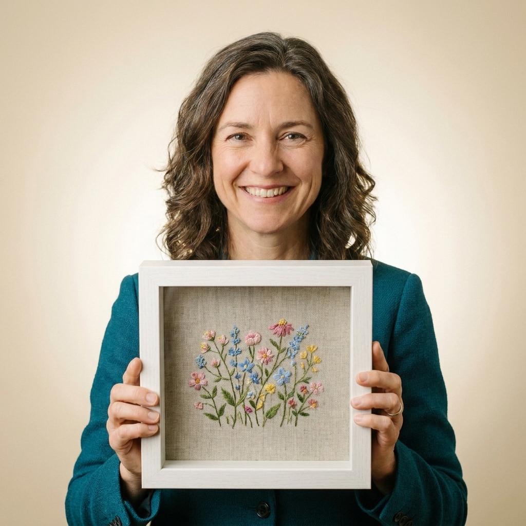 A small embroidered floral design mounted inside a white shadow box frame with visible depth and protective glass