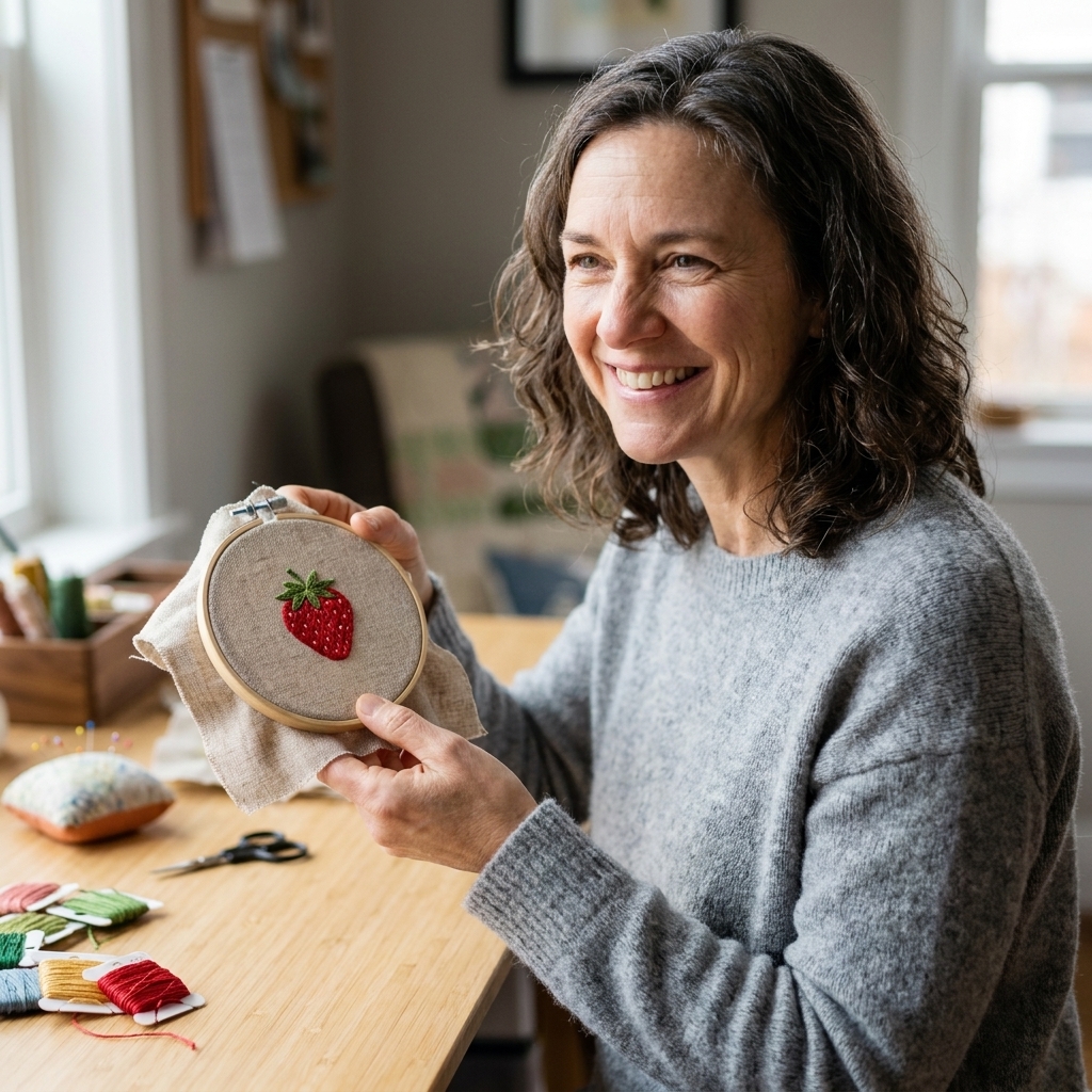 A small embroidery hoop with a simple strawberry motif stitched on natural linen fabric on a craft table