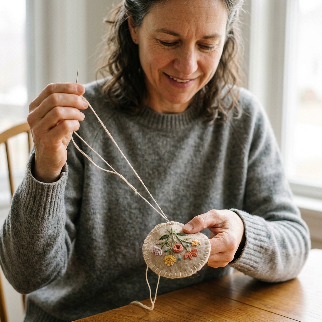 A small hand-embroidered patch with a felt backing being stitched around the edge with a needle and thread