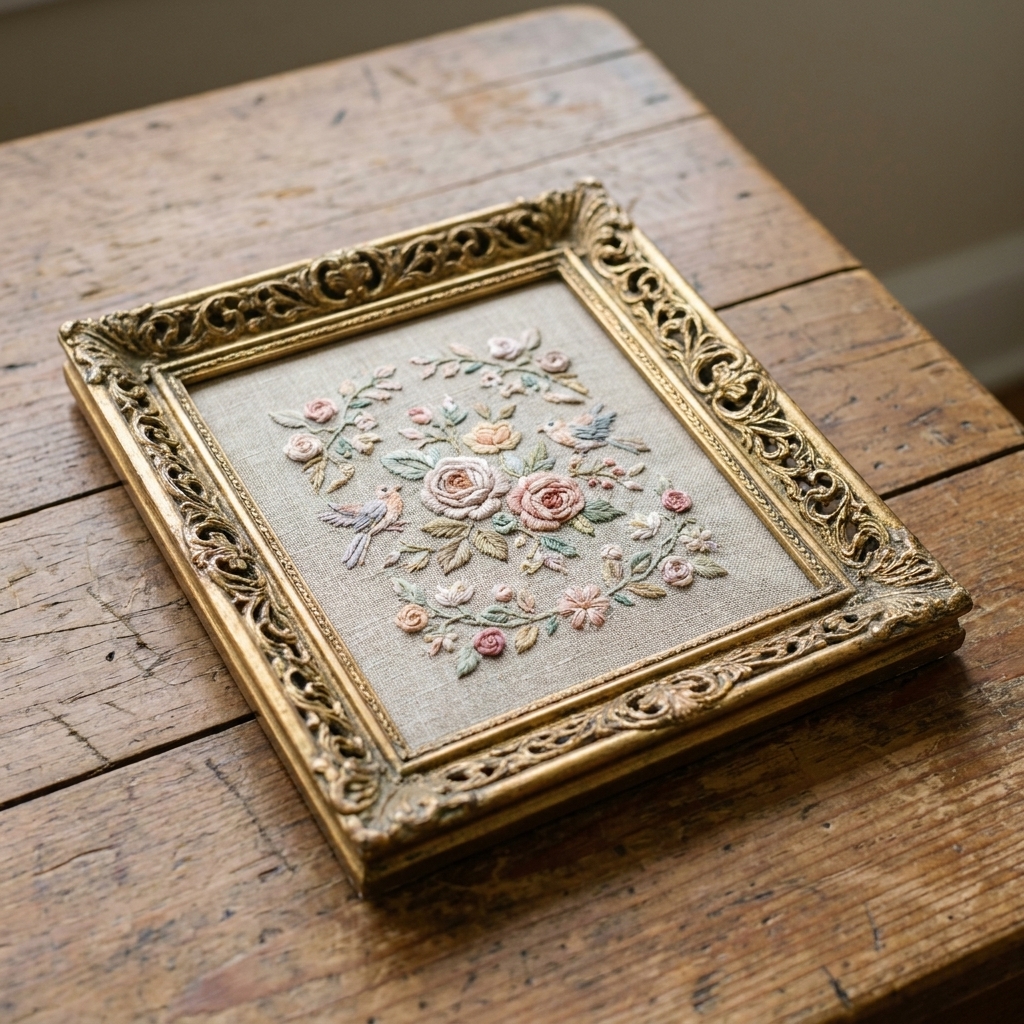 A small hand embroidery piece mounted neatly inside an ornate vintage gold frame, photographed on a wooden table
