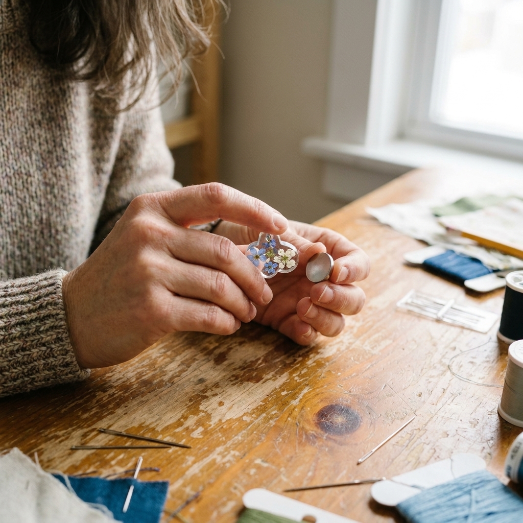 A small handmade needle minder made from a smooth resin charm with a magnet attached, shown beside a separate backing magnet on a wooden craft table