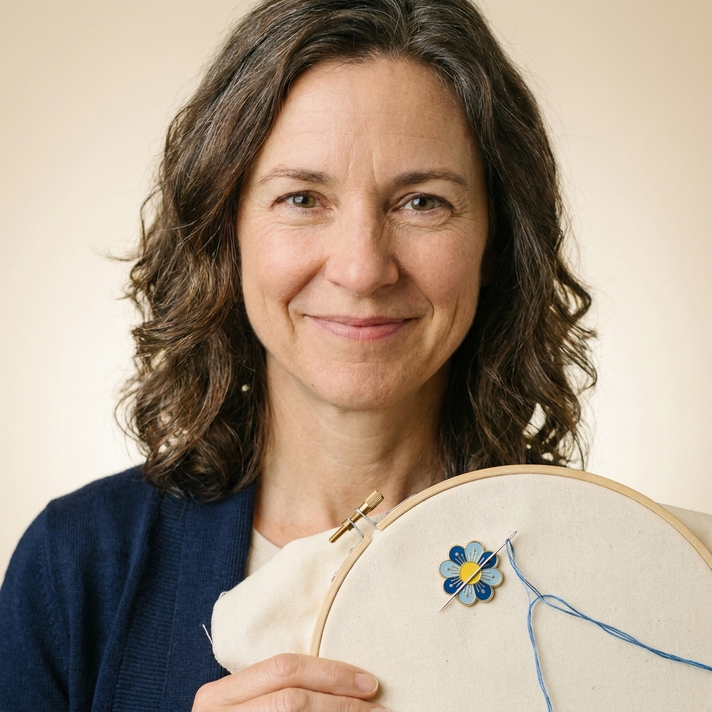 A small magnetic needle minder attached to an embroidery hoop holding a threaded needle in place