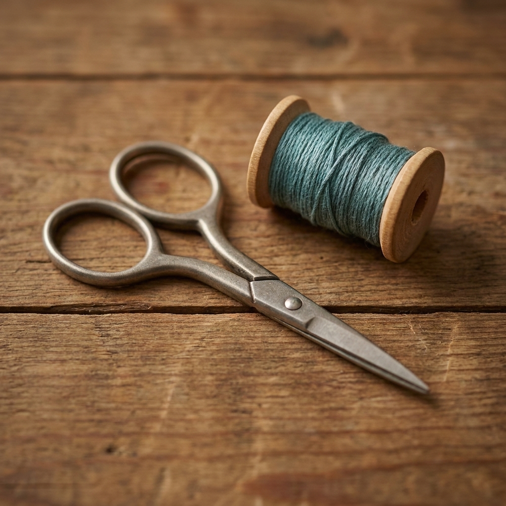 A small pair of fine-tipped embroidery scissors with matte metal handles placed on a wooden table next to a bobbin of embroidery floss