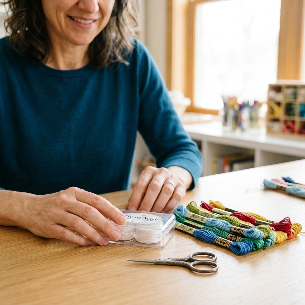 A small plastic case of synthetic thread conditioner sitting beside skeins of embroidery floss and a pair of embroidery scissors on a bright craft table