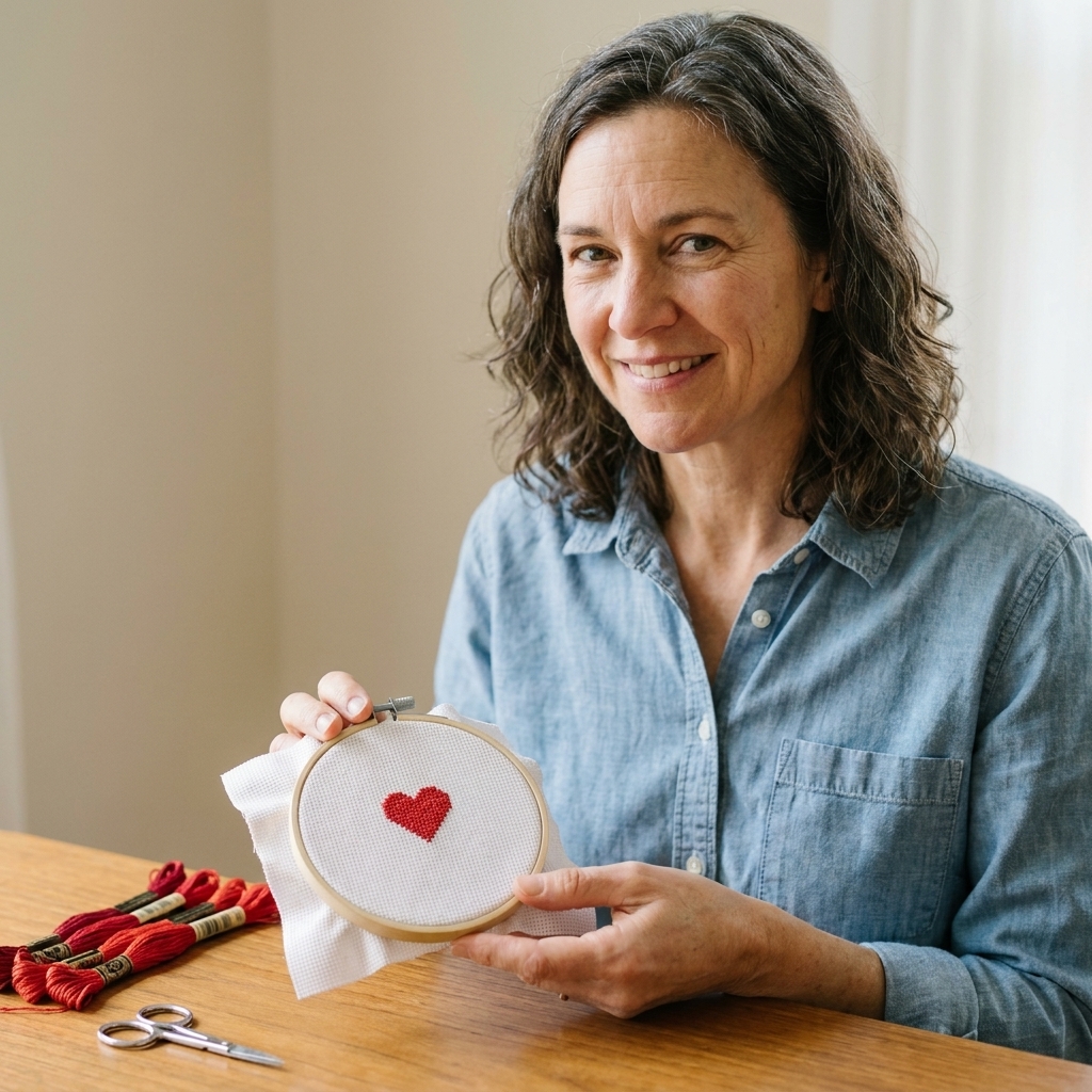 A small red cross stitch heart stitched on white 14-count Aida in a 4-inch hoop, with floss and scissors nearby
