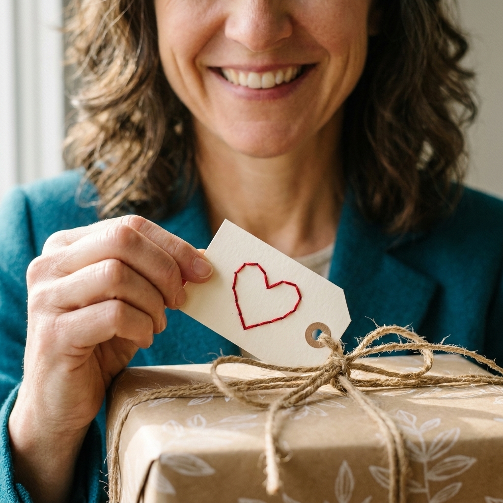 A small stitched gift tag with a simple heart motif, finished with a hole-punched corner and tied onto a wrapped present with ribbon