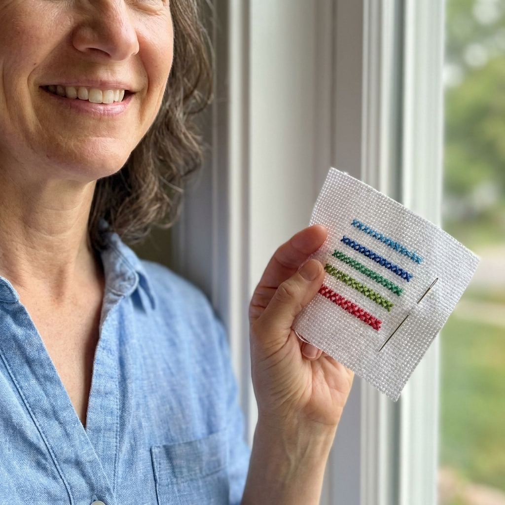 A small test swatch of cross stitch on white Aida cloth held in a hand near a window with natural light