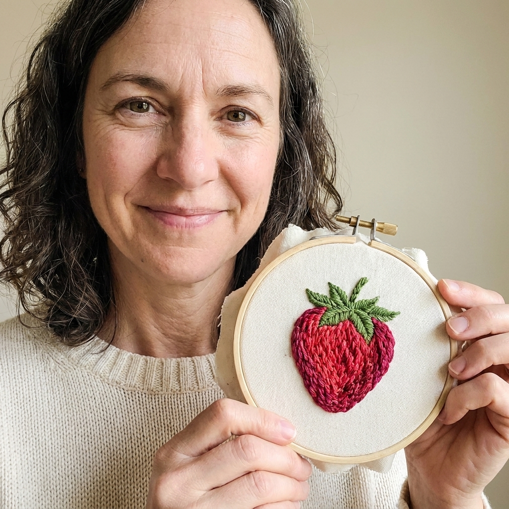 A small wooden embroidery hoop featuring a stitched strawberry made with layered red and pink stitches on light fabric