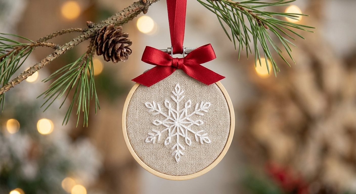 A small wooden embroidery hoop ornament with a stitched snowflake design and a red ribbon bow attached at the top, hanging from a pine branch