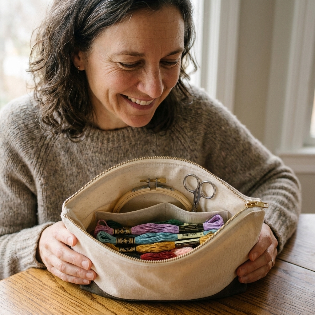 A small zippered project bag open on a table with embroidery floss, a hoop, and a pair of fine-tipped embroidery scissors tucked into an interior pocket