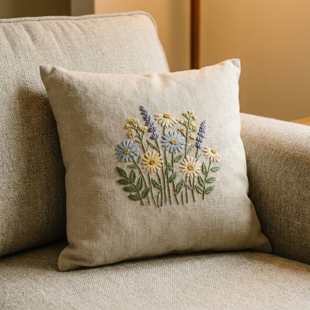 A square throw pillow with a centered hand-embroidered motif on natural linen, resting on a sofa
