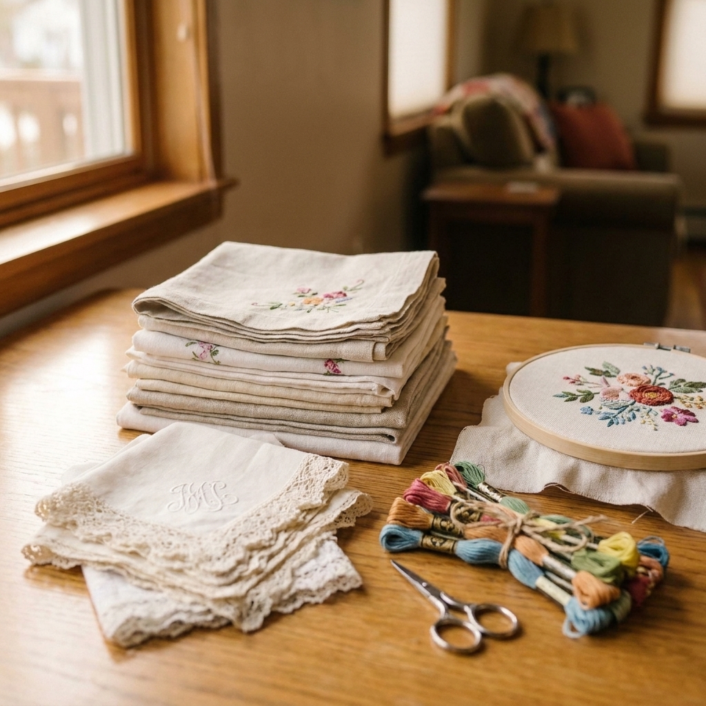 A stack of vintage linen napkins and embroidered handkerchiefs on a table beside an embroidery hoop and a bundle of floss in soft afternoon light
