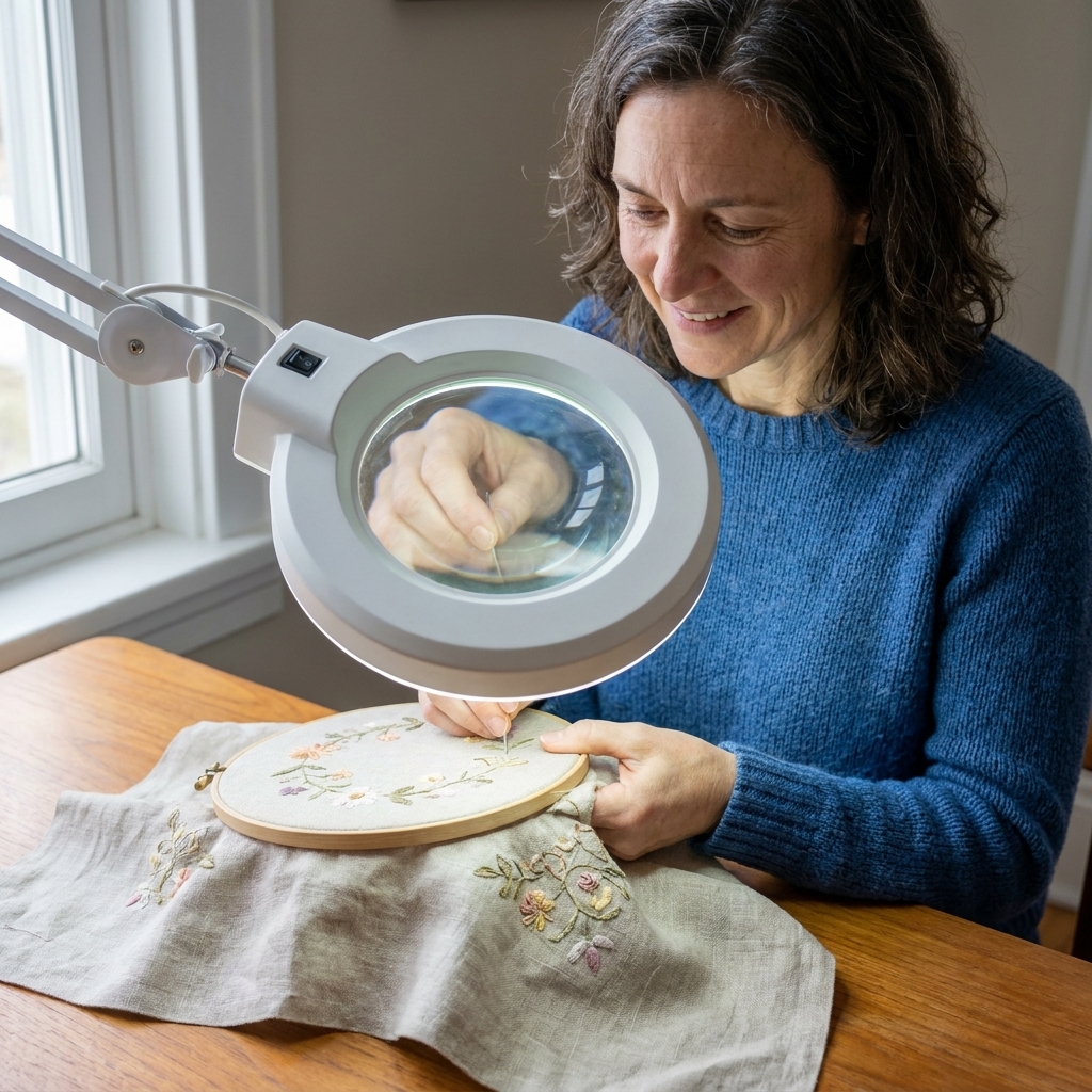 A tabletop magnifier lamp with a circular lens positioned over a linen embroidery project, showing the needle area clearly