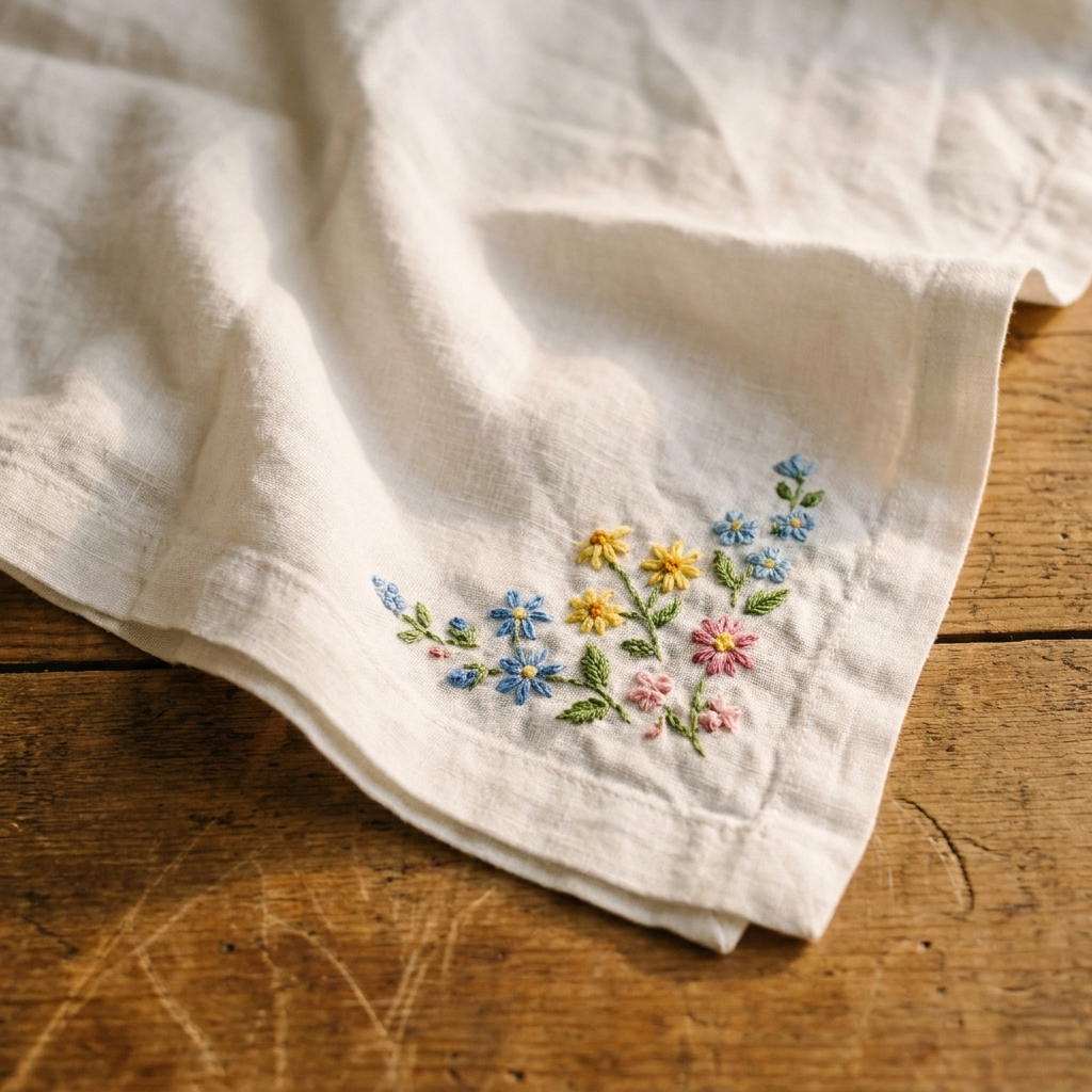 A vintage white linen napkin with small hand embroidered flowers scattered near one corner, photographed on a natural tabletop