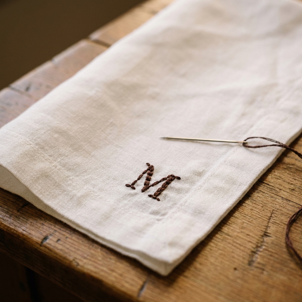 A white linen napkin with a small hand-embroidered initial in the corner, lying on a table beside a threaded needle