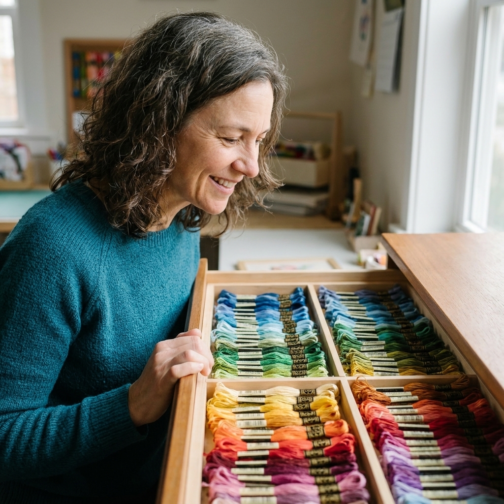 A wooden drawer pulled open to reveal rows of embroidery floss skeins neatly arranged by color family in shallow compartments