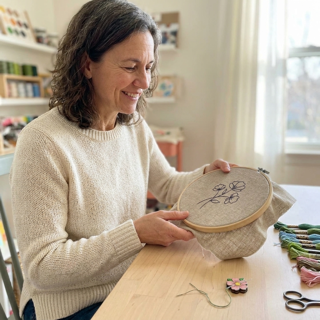 A wooden embroidery hoop holding natural linen fabric with a simple floral outline drawn on it, alongside floss and a needle minder on a craft table