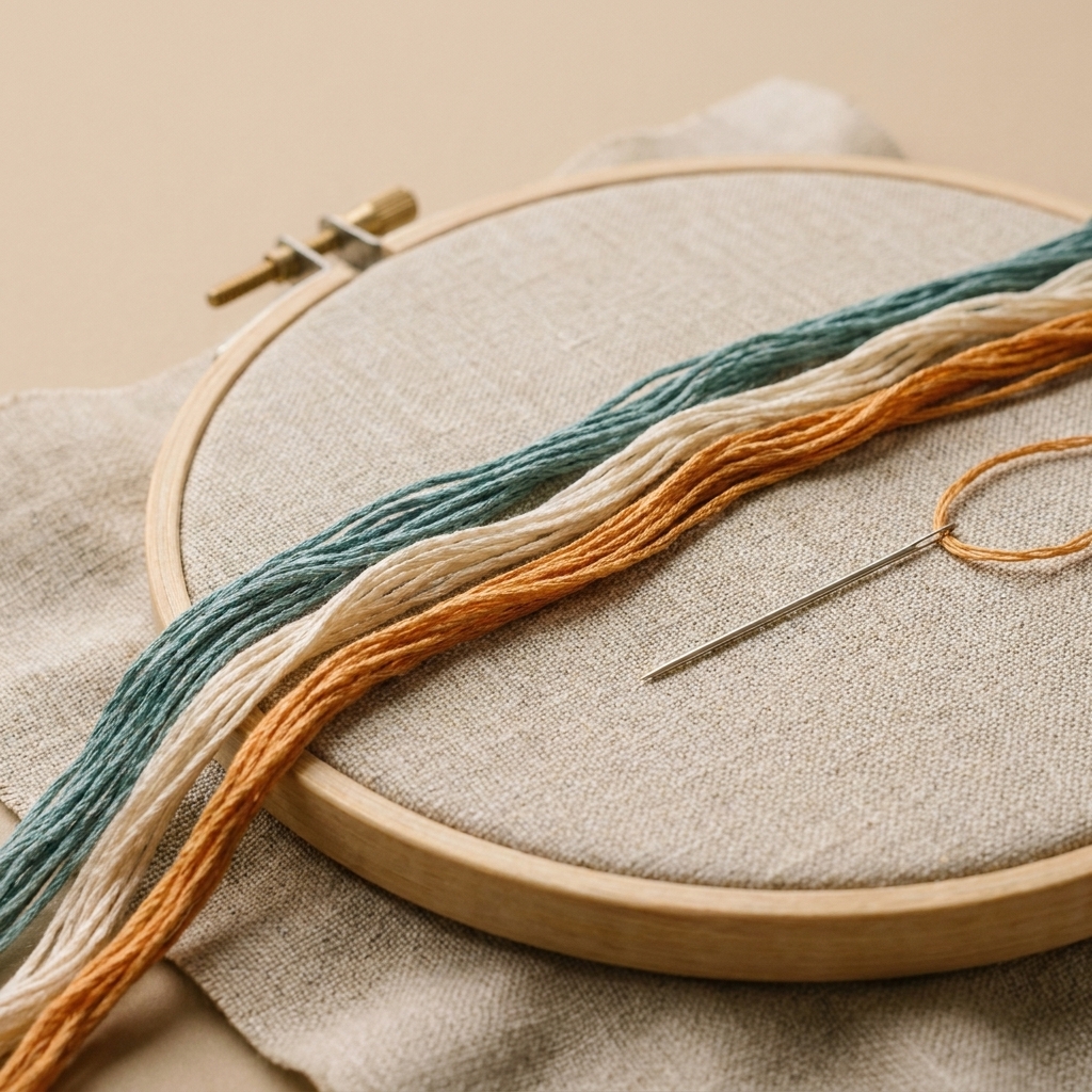 A wooden embroidery hoop holding taut natural linen fabric, with embroidery floss and a needle resting on the fabric surface