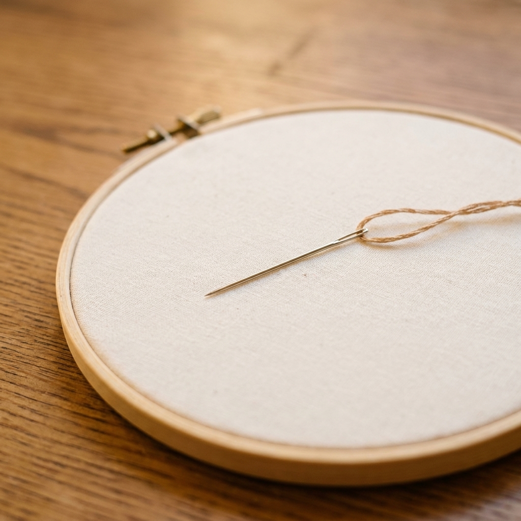 A wooden embroidery hoop on a table with plain cotton fabric tightened evenly, a threaded needle resting across the fabric