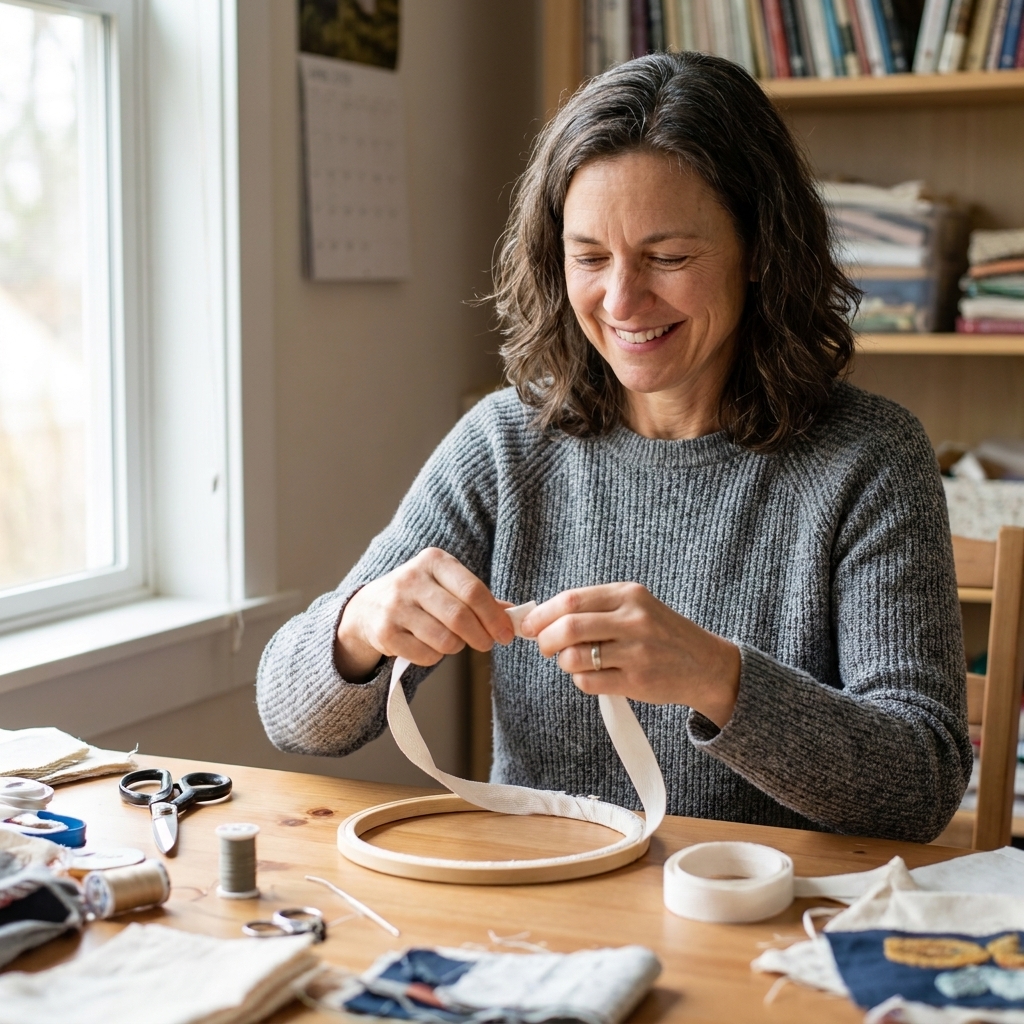 A wooden inner embroidery hoop ring being wrapped with white cotton twill tape by hand on a craft table