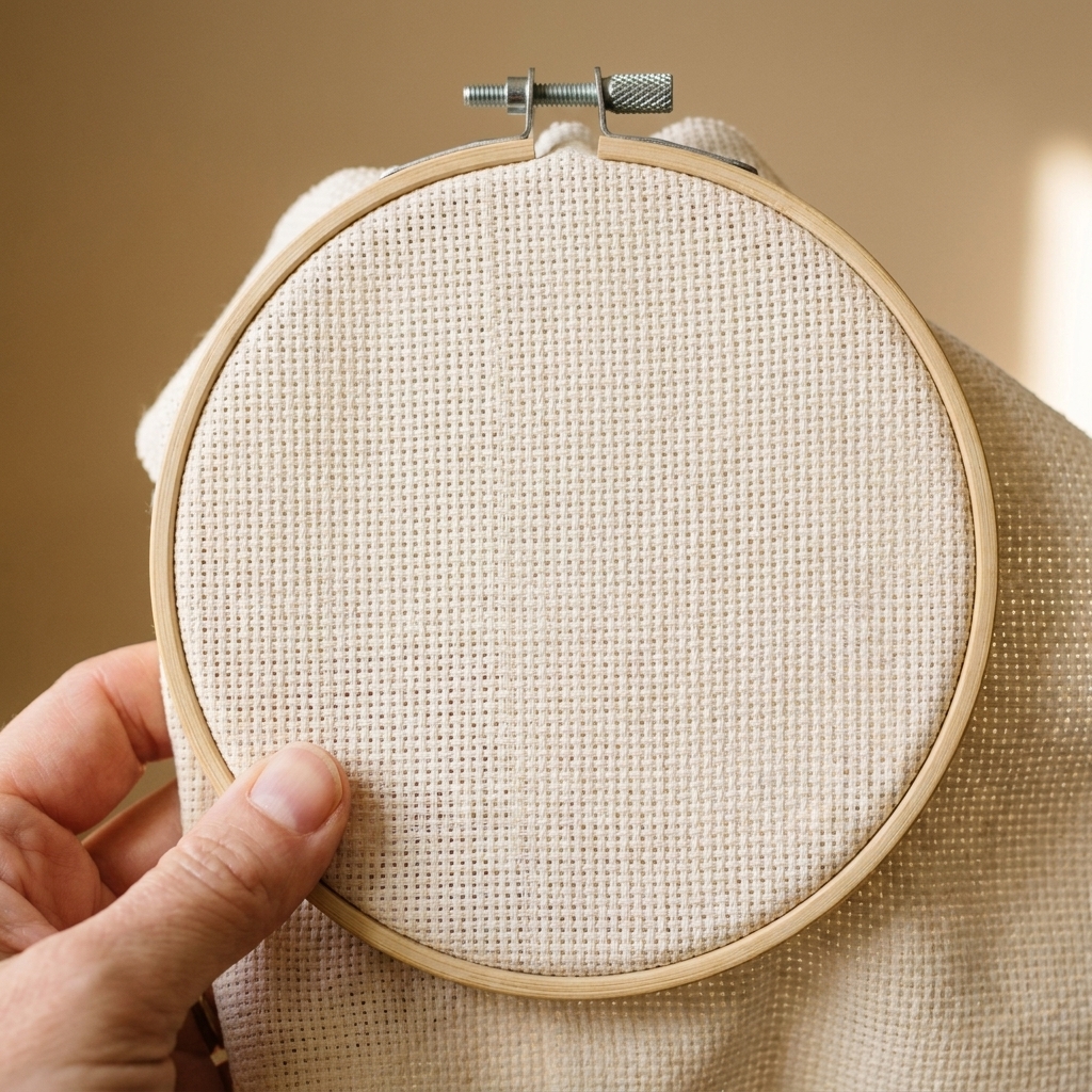 Aida cloth stretched in a hoop, showing the visible grid of holes used for cross stitch