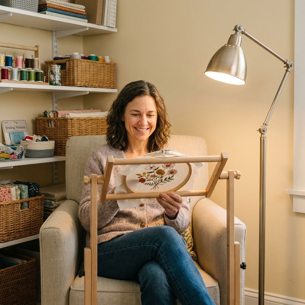 An embroidery hoop held in a wooden stand beside an adjustable floor lamp in a tidy crafting corner