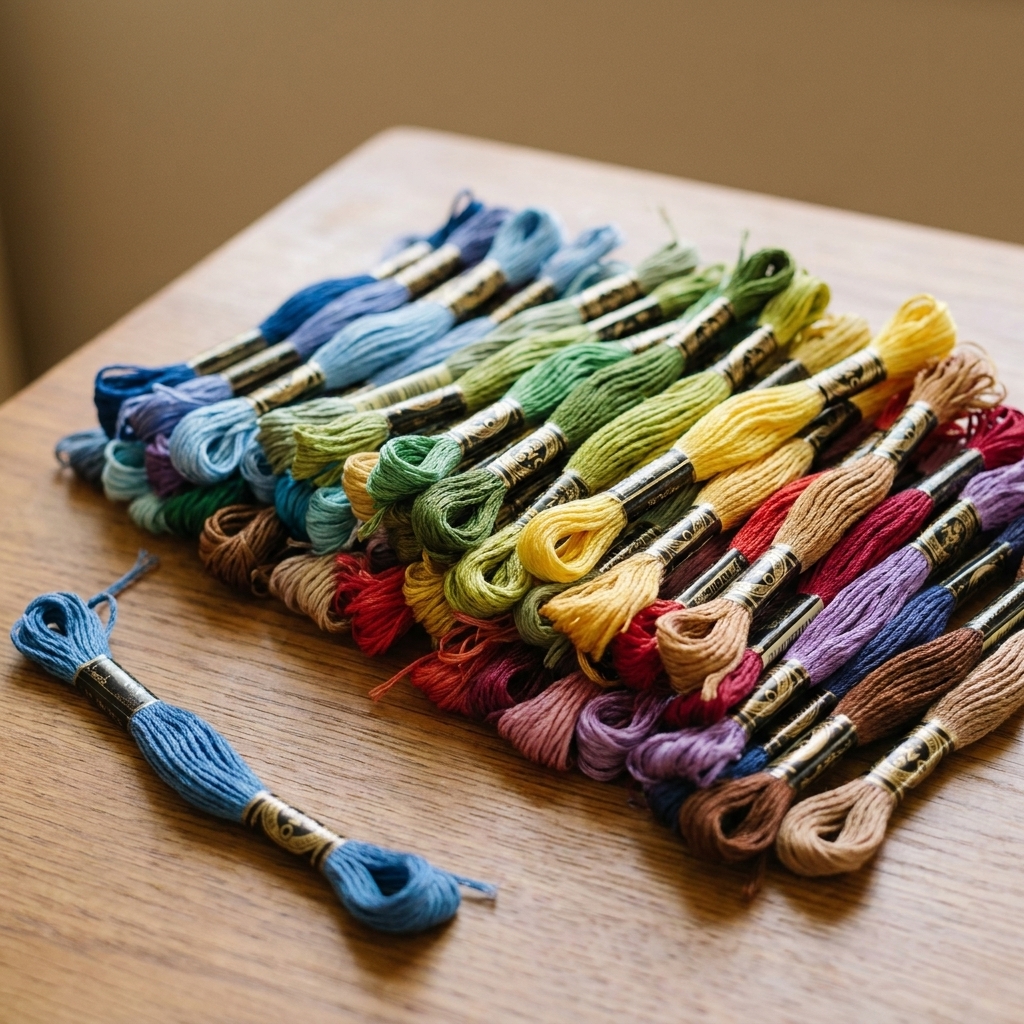 Assorted stranded cotton embroidery floss skeins in several colors arranged on a tabletop