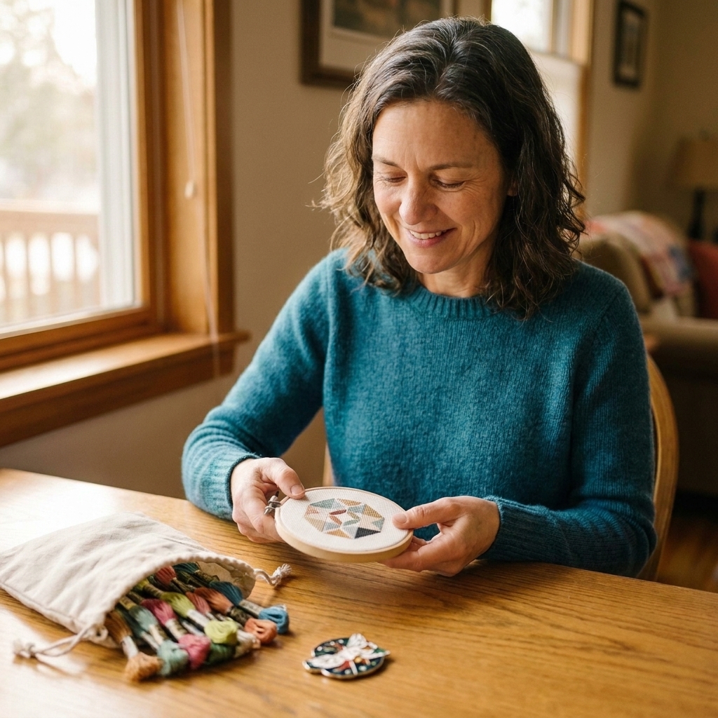 Clara Bennett holding a small cross stitch hoop with a simple modern motif, with a fabric bag of embroidery floss and a magnetic needle minder on the table