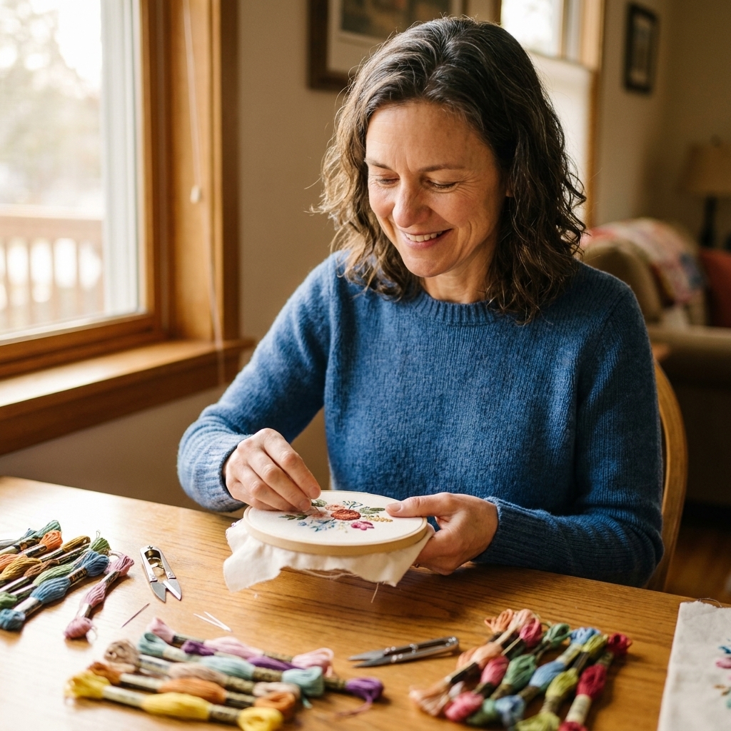 Clara Bennett sitting at a wooden craft table with an embroidery hoop in her hands, surrounded by colorful embroidery floss and a small pair of snips in warm natural window light