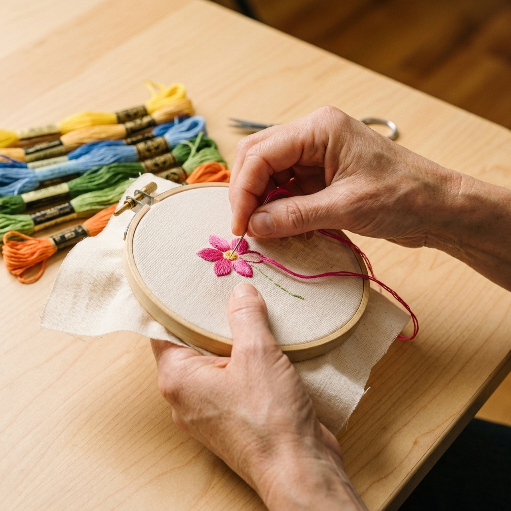 Close-up of hands stitching a simple floral motif with satin stitch in a wooden hoop, colorful embroidery floss and a needle threaded with pink
